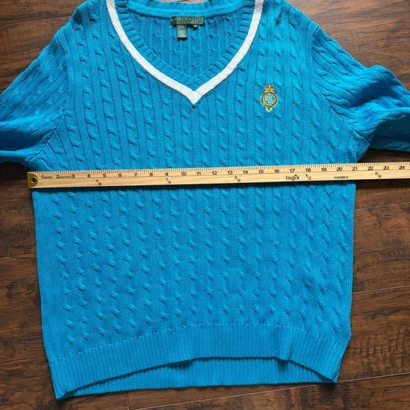 Ralph Lauren Active Cotton V-neck Preppy Cable Knit Sweater - Picture 7 of 12